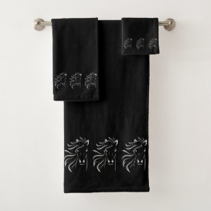 Stylish, Elegant, White Horse Silhouettes on Black Bath Towel Set