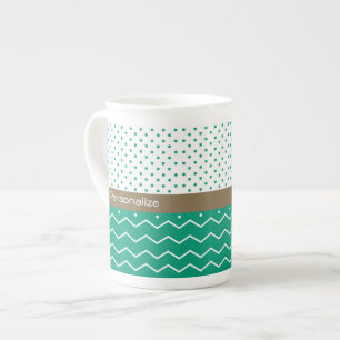 Stylish Emerald Green and White Chevron Polka Dots Bone China Mug
