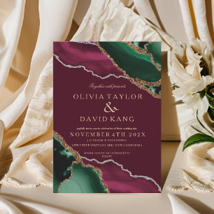 Stylish Emerald Green & Burgundy Agate Wedding Invitation