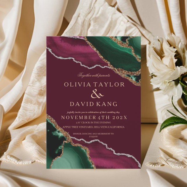 Stylish Emerald Green & Burgundy Agate Wedding Invitation (Creator Uploaded)