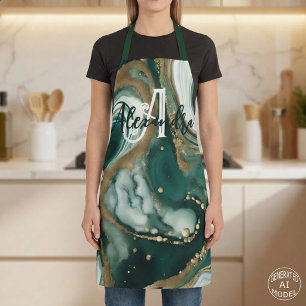 Stylish Emerald Green Gold Accents Name & Monogram Apron