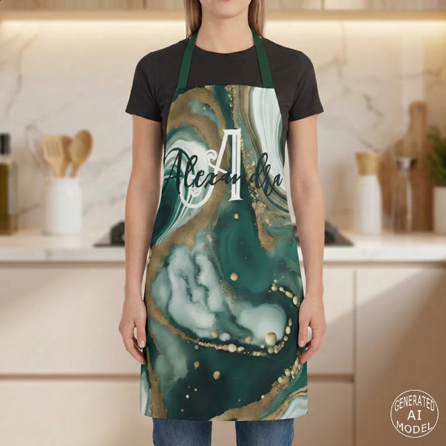 Stylish Emerald Green Gold Marble Agate Monogram Apron (Creator Uploaded)