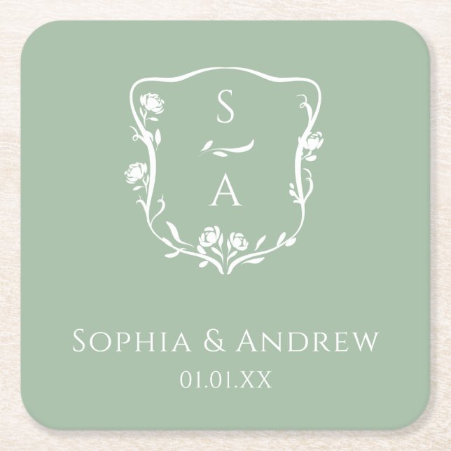 Stylish Eucalyptus Monogram Rose Crest Wedding Square Paper Coaster (Front)