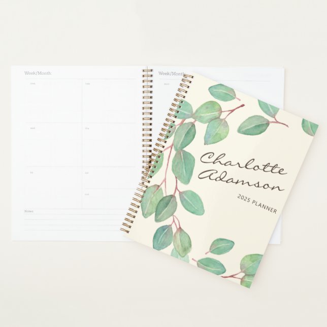 Stylish Eucalyptus Watercolor Custom Name 2025 Planner (Display)
