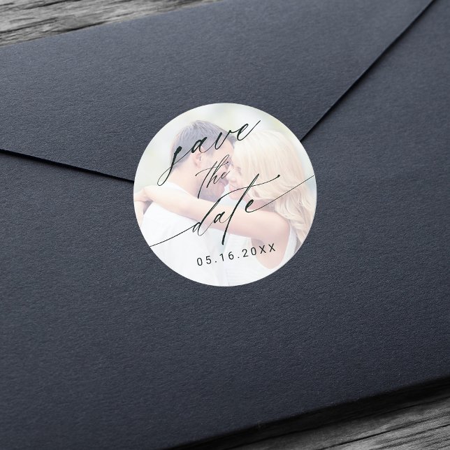 Stylish Faded Photo Wedding Save the Date Classic Round Sticker (Creator Uploaded)
