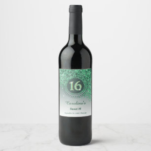 Stylish Falling Green Glitter 16th Birthday Wine Label