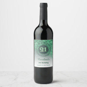 Stylish Falling Green Glitter 21st Birthday Wine Label