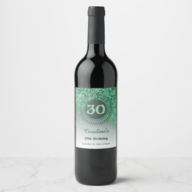 Stylish Falling Green Glitter 30th Birthday Wine Label (Front)