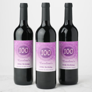 Stylish Falling Pink Glitter 100th Birthday Wine Label