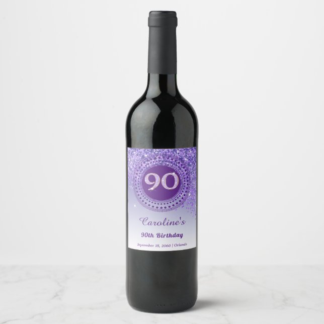 Stylish Falling Purple Glitter 90th Birthday Wine Label (Front)