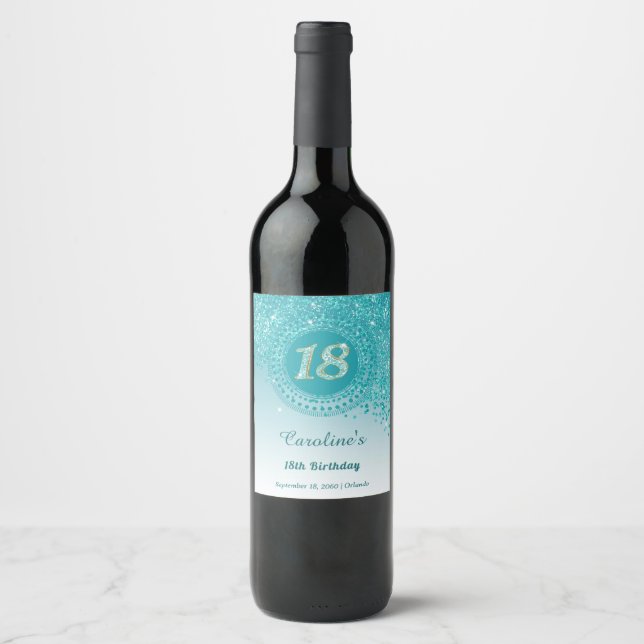 Stylish Falling Teal Blue Glitter 18th Birthday Wine Label (Front)