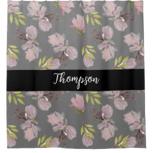 Stylish family last name pink flora grey and black shower curtain