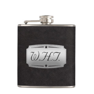 Stylish Faux Black leather Print Monogram Hip Flask