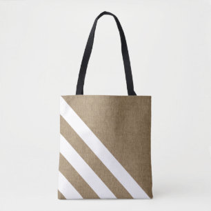 Stylish Faux Burlap White Stripes Tote Bag