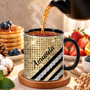 Stylish faux Crystal and Gold glitter Personalised Coffee Mug