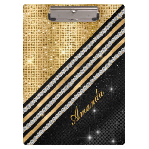Stylish faux Crystal Gold And black Personalised Clipboard