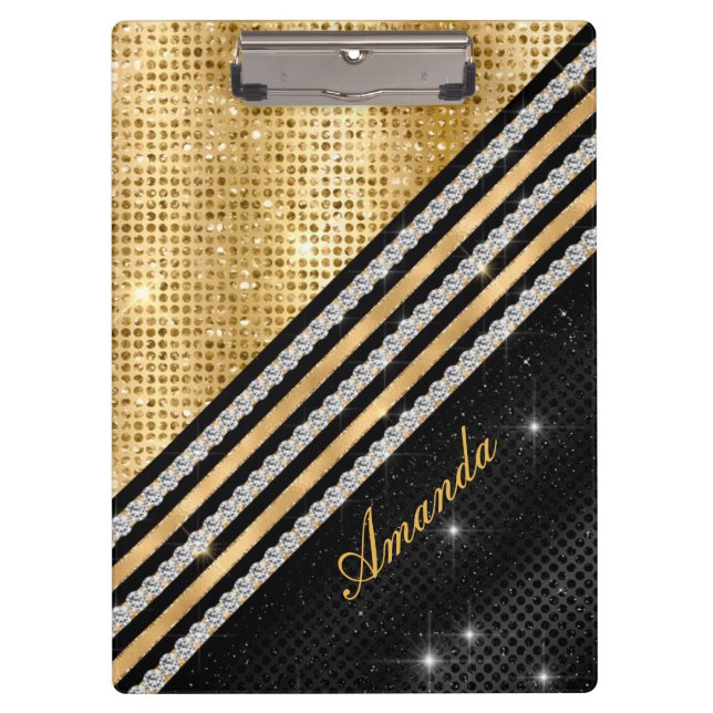 Stylish faux Crystal Gold And black Personalised Clipboard (Front)