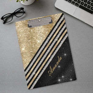 Stylish faux Crystal Gold And black Personalised Clipboard