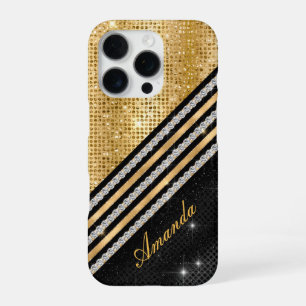 Stylish faux Crystal Gold And black Personalised iPhone 16 Pro Case
