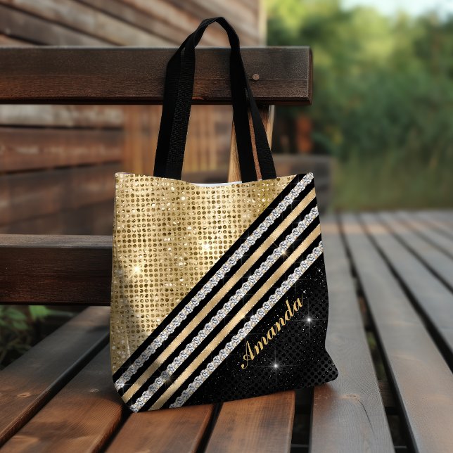 Stylish faux Crystal Gold And black Personalised Tote Bag (Creator Uploaded)