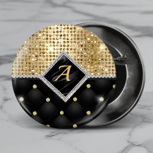 Stylish faux Crystal Gold black diamond monogram 6 Cm Round Badge