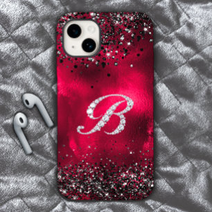 Stylish faux Crystal rhinestone letter B red black iPhone 15 Case