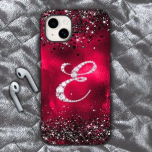 Stylish faux Crystal rhinestone letter E red black iPhone 15 Case