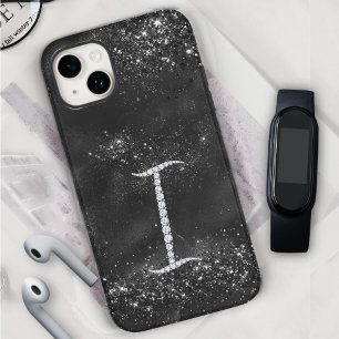 Stylish faux Crystal rhinestone letter I black iPhone 15 Case