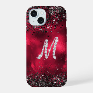 Stylish faux Crystal rhinestone letter M red black iPhone 15 Case