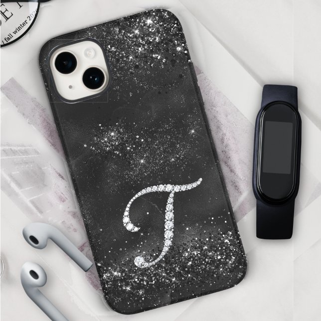 Stylish faux Crystal rhinestone letter T black Case-Mate iPhone Case (Creator Uploaded)