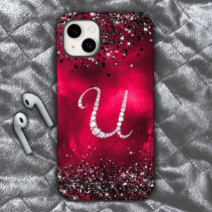 Stylish faux Crystal rhinestone letter U red black iPhone 15 Case