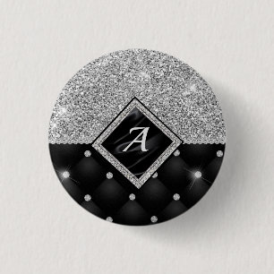 Stylish faux Crystal Silver black diamond monogram 3 Cm Round Badge