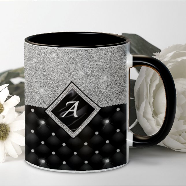 Stylish faux Crystal Silver black diamond monogram Coffee Mug (Creator Uploaded)
