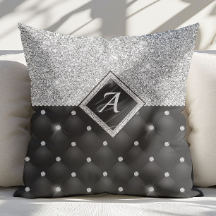 Stylish faux Crystal Silver black diamond monogram Cushion