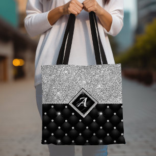 Stylish faux Crystal Silver black diamond monogram Tote Bag