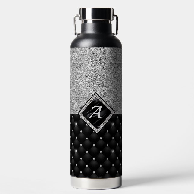 Stylish faux Crystal Silver black diamond monogram Water Bottle (Front)