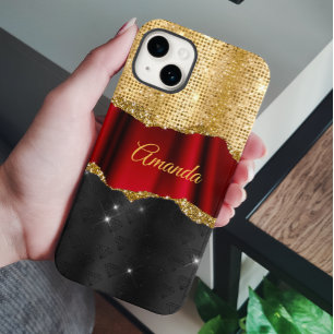 Stylish faux Glitter Red Gold black monogram Case-Mate iPhone 14 Case