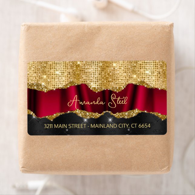 Stylish faux Glitter Red Gold black monogram Label (Insitu)