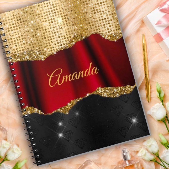 Stylish faux Glitter Red Gold black monogram Notebook (Creator Uploaded)