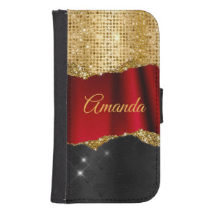 Stylish faux Glitter Red Gold black monogram Samsung S4 Wallet Case