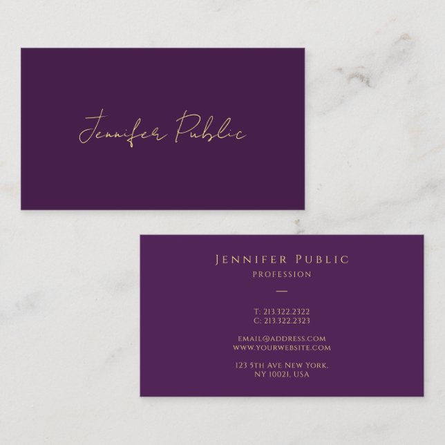 Stylish Faux Gold Calligraphy Script Text Purple Business Card (Front/Back)