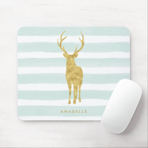 Stylish Faux Gold Foil Deer on Mint Stripes Mouse Pad