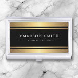Stylish faux golden gradient borders black business card holder<br><div class="desc">Elegant,  black and golden gradient (printed image with a brushed metal effect simulated in the artwork) business card holder with your name and title/company name printed on the front. White and grey text.</div>