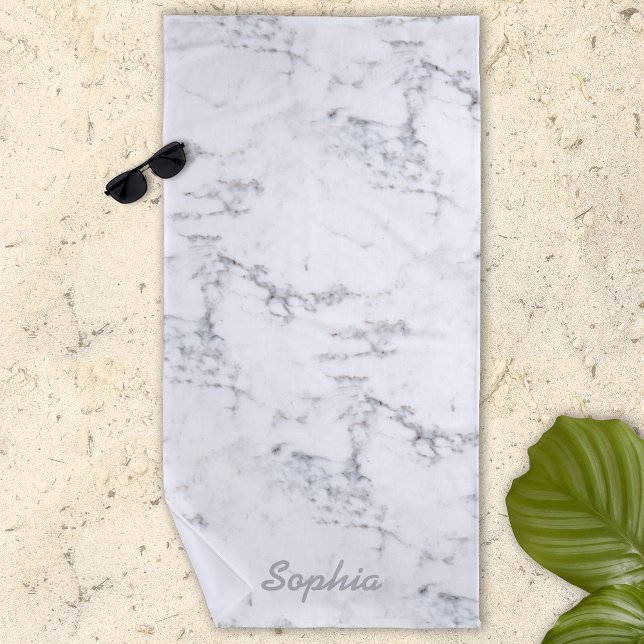 Stylish Faux Marble Texture Look With Custom Name Beach Towel (Creator Uploaded)