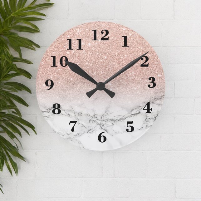 Stylish faux rose pink glitter ombre white marble round clock (Stylish faux rose pink glitter ombre white marble round clock)