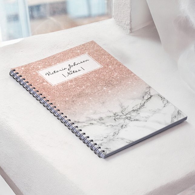 Stylish faux rose pink glitter ombre white marble spiral notebook (Stylish faux rose pink glitter ombre white marble notebook)