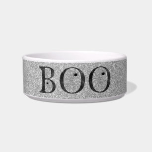 Stylish Faux Silver Glitter Boo Halloween Dog Bowl