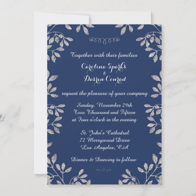 Stylish Faux Silver Glitter Wedding Invitation (Front)