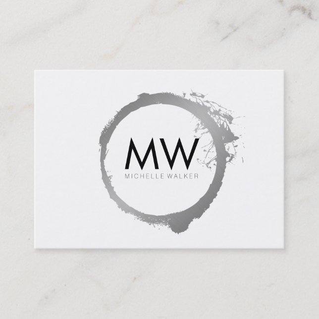 Stylish Faux Silver Ring with Chic Monogram Business Card (Front)