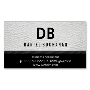 Stylish Faux White Leather Monogram Magnetic Business Card
